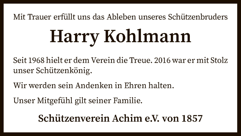  Traueranzeige für Harry Kohlmann vom 09.06.2020 aus SYK