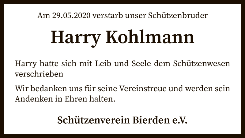  Traueranzeige für Harry Kohlmann vom 10.06.2020 aus SYK