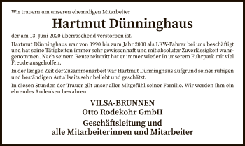 Traueranzeige von Hartmut Dünninghaus von SYK