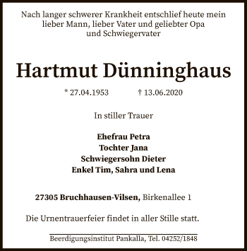 Traueranzeige von Hartmut Dünninghaus von SYK