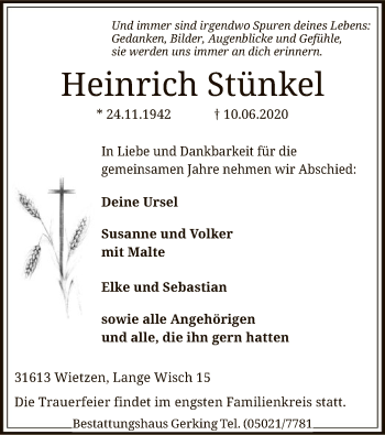 Traueranzeige von Heinrich Stünkel von SYK