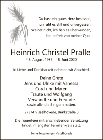 Traueranzeige von Heinrich Christel Pralle von SYK