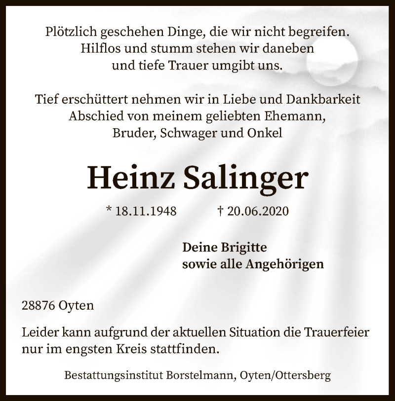  Traueranzeige für Heinz Salinger vom 27.06.2020 aus SYK
