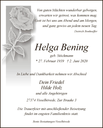 Traueranzeige von Helga Bening von SYK