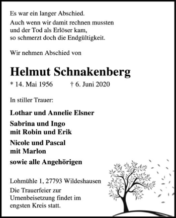 Traueranzeige von Helmut Schnakenberg von SYK