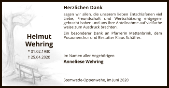 Traueranzeige von Helmut Wehring von SYK