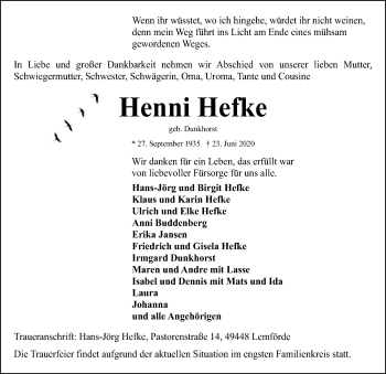 Traueranzeige von Henni Hefke von SYK