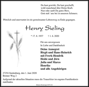 Traueranzeige von Henry Sieling von SYK