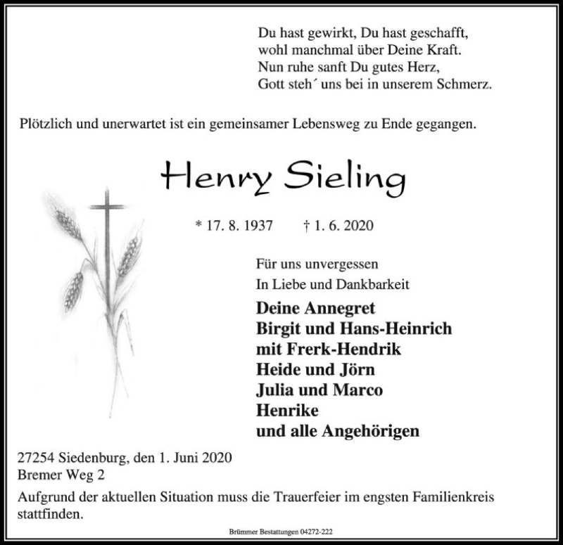  Traueranzeige für Henry Sieling vom 04.06.2020 aus SYK