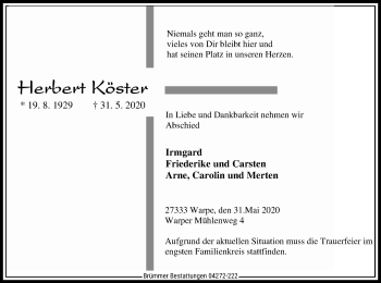 Traueranzeige von Herbert Köster von SYK