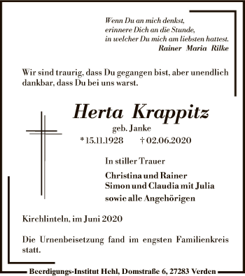 Traueranzeige von Herta Krappitz von SYK