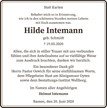 Traueranzeige von Hilde Intemann von SYK