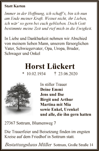 Traueranzeige von Horst Lückert von SYK