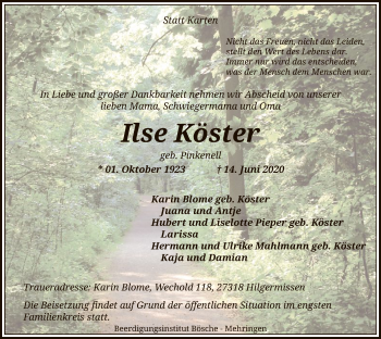 Traueranzeige von Ilse Köster von SYK