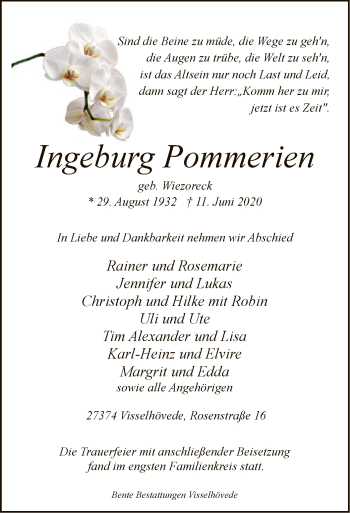 Traueranzeige von Ingeburg Pommerien von SYK