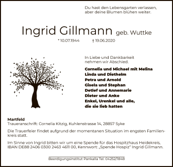 Traueranzeige von Ingrid Gillmann von SYK