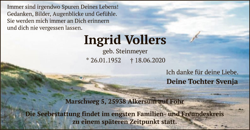  Traueranzeige für Ingrid Vollers vom 27.06.2020 aus SYK