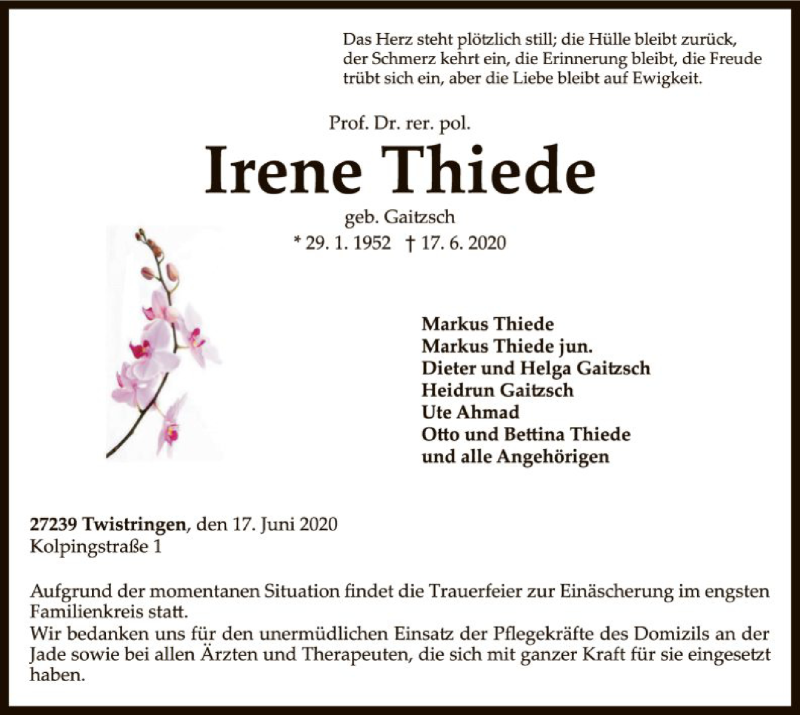 Traueranzeige für Irene Thiede vom 26.06.2020 aus SYK