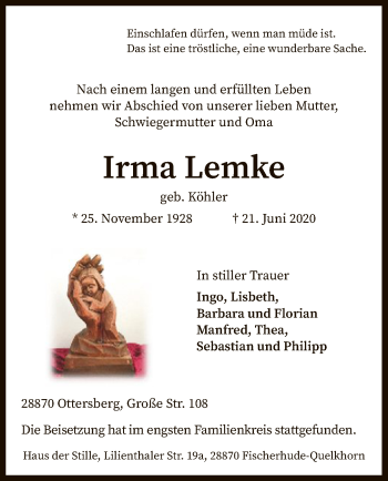 Traueranzeige von Irma Lemke von SYK