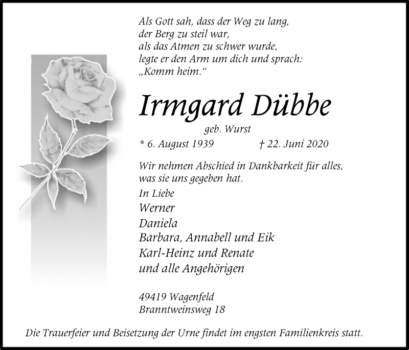  Traueranzeige für Irmgard Dübbe vom 23.06.2020 aus SYK