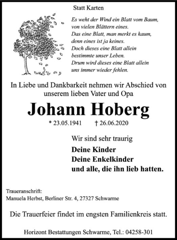  Traueranzeige für Johann Hoberg vom 30.06.2020 aus SYK