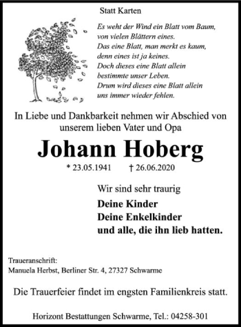 Traueranzeige von Johann Hoberg von SYK