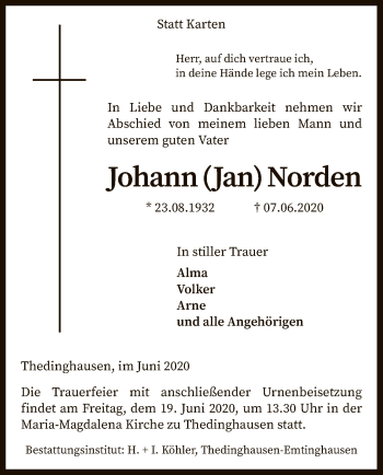 Traueranzeige von Johann Norden von SYK