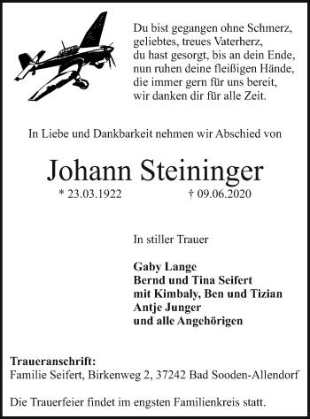 Traueranzeige von Johann Steinfinger von SYK