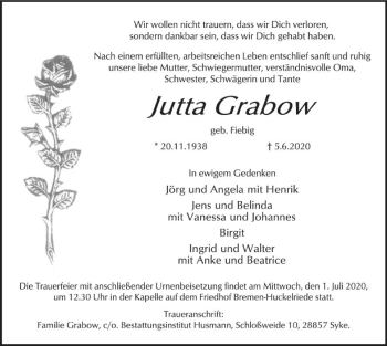 Traueranzeige von Jutta Grabow von SYK