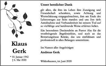 Traueranzeige von Klaus Gerk von SYK
