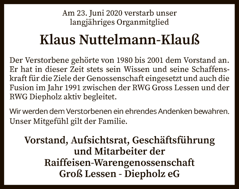  Traueranzeige für Klaus Nuttelmann-Klauß vom 30.06.2020 aus SYK