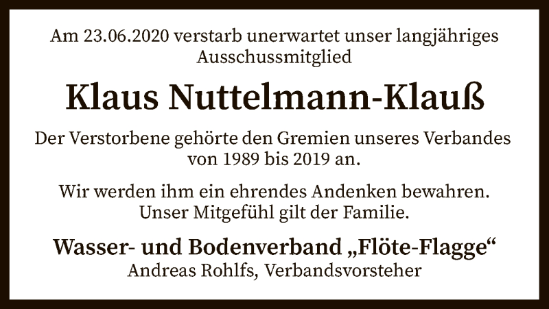  Traueranzeige für Klaus Nuttelmann-Klauß vom 30.06.2020 aus SYK