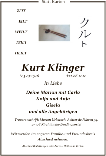 Traueranzeige von Kurt Klinger von SYK