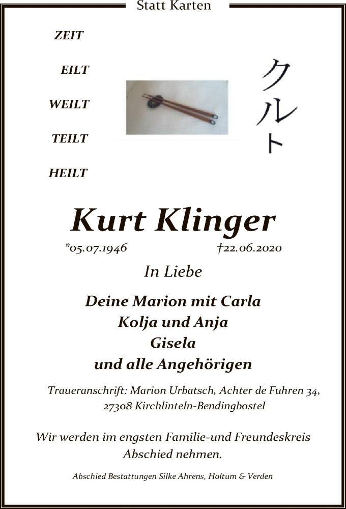 Traueranzeige für Kurt Klinger vom 27.06.2020 aus SYK