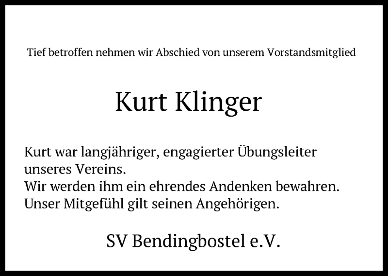  Traueranzeige für Kurt Klinger vom 30.06.2020 aus SYK