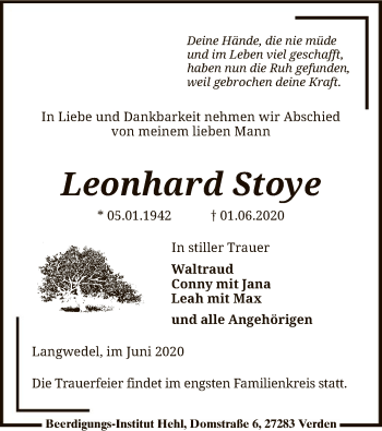 Traueranzeige von Leonhard Stoye von SYK