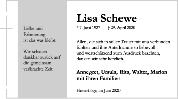 Traueranzeige von Lisa Schewe von SYK