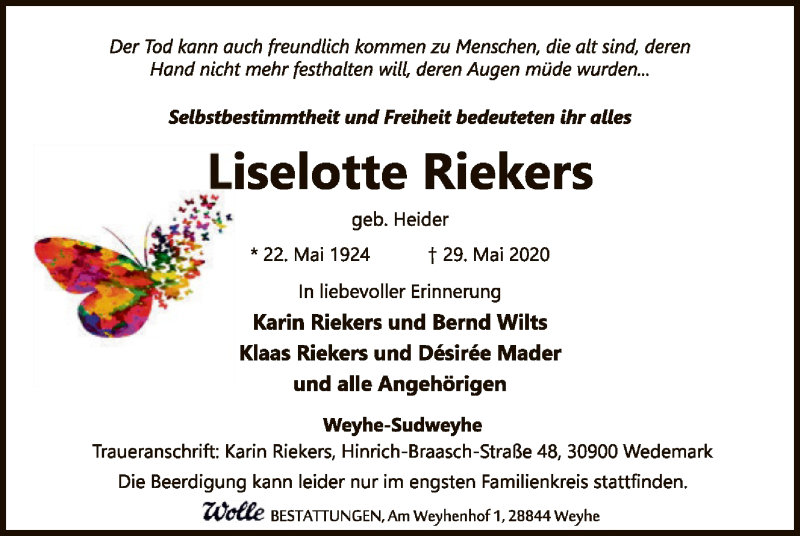  Traueranzeige für Liselotte Riekers vom 03.06.2020 aus SYK