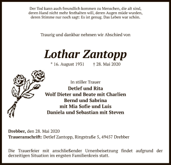 Traueranzeige von Lothar Zantopp von SYK