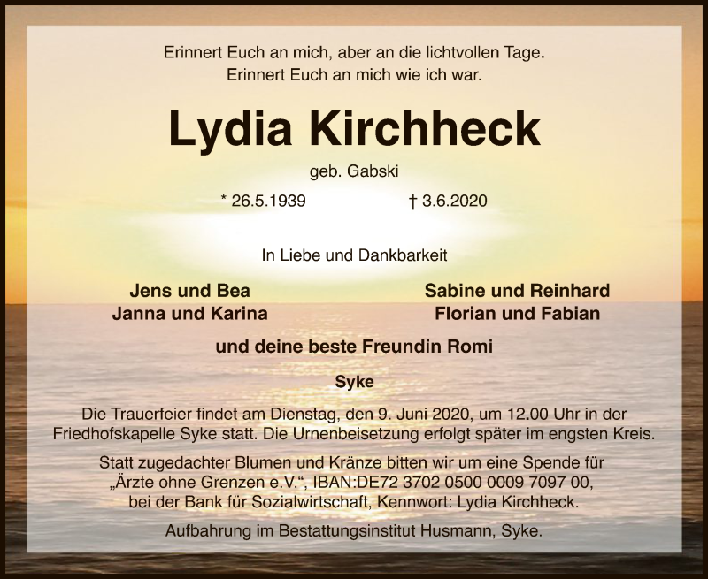  Traueranzeige für Lydia Kirchheck vom 06.06.2020 aus SYK
