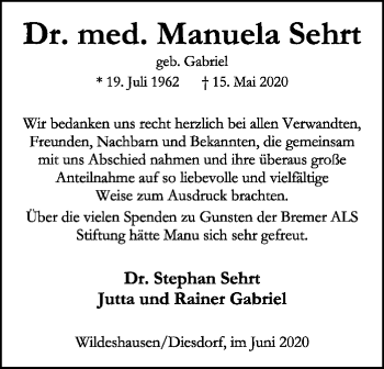 Traueranzeige von Manuela Sehrt von SYK