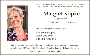 Traueranzeige von Margret Röpke von SYK