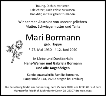 Traueranzeige von Mari Bormann von SYK