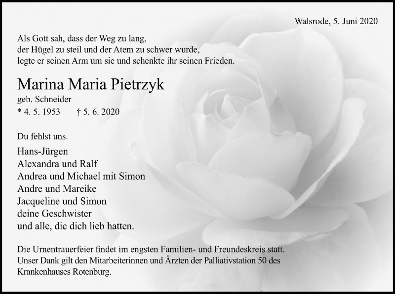  Traueranzeige für Marina Maria Pietrzyk vom 13.06.2020 aus SYK