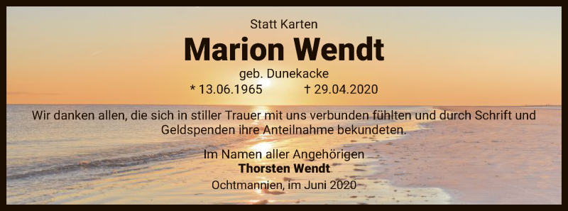  Traueranzeige für Marion Wendt vom 10.06.2020 aus SYK