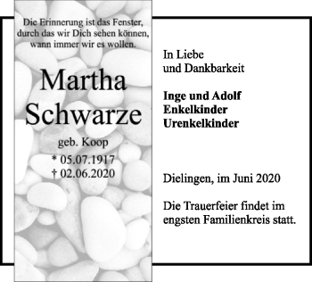 Traueranzeige von Martha Schwarze von SYK