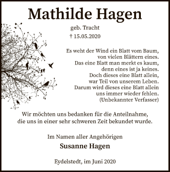 Traueranzeige von Mathilde Hagen von SYK