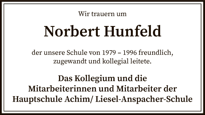  Traueranzeige für Norbert Hunfeld vom 09.06.2020 aus SYK