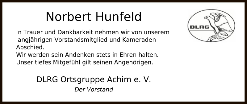  Traueranzeige für Norbert Hunfeld vom 05.06.2020 aus SYK