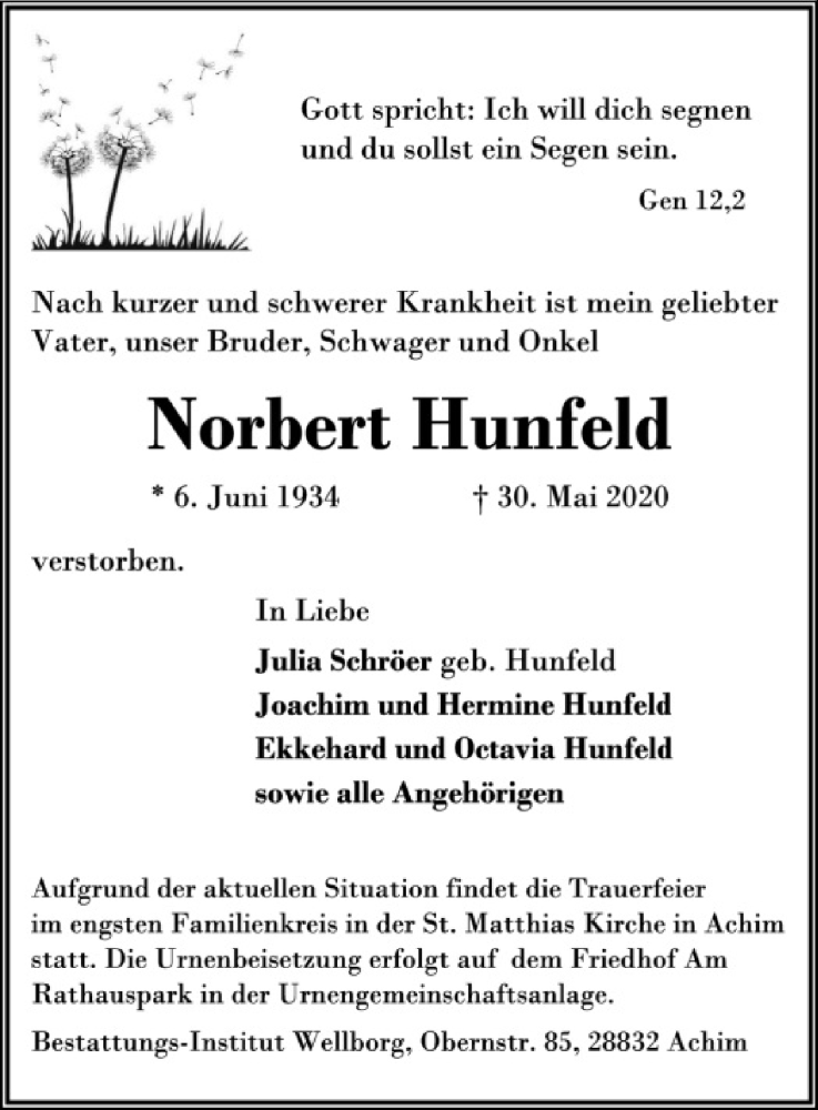  Traueranzeige für Norbert Hunfeld vom 04.06.2020 aus SYK